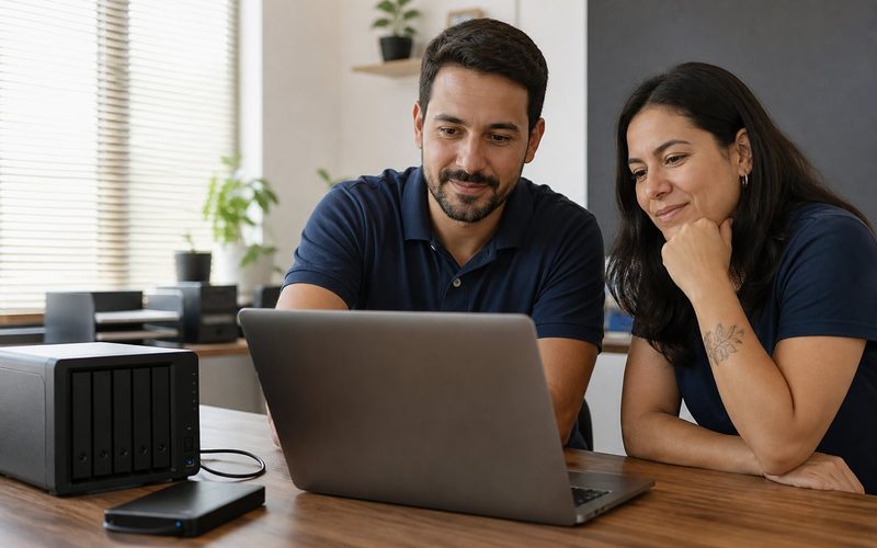 Especialista e cliente verificando uma rotina de backup — imagem ilustrativa